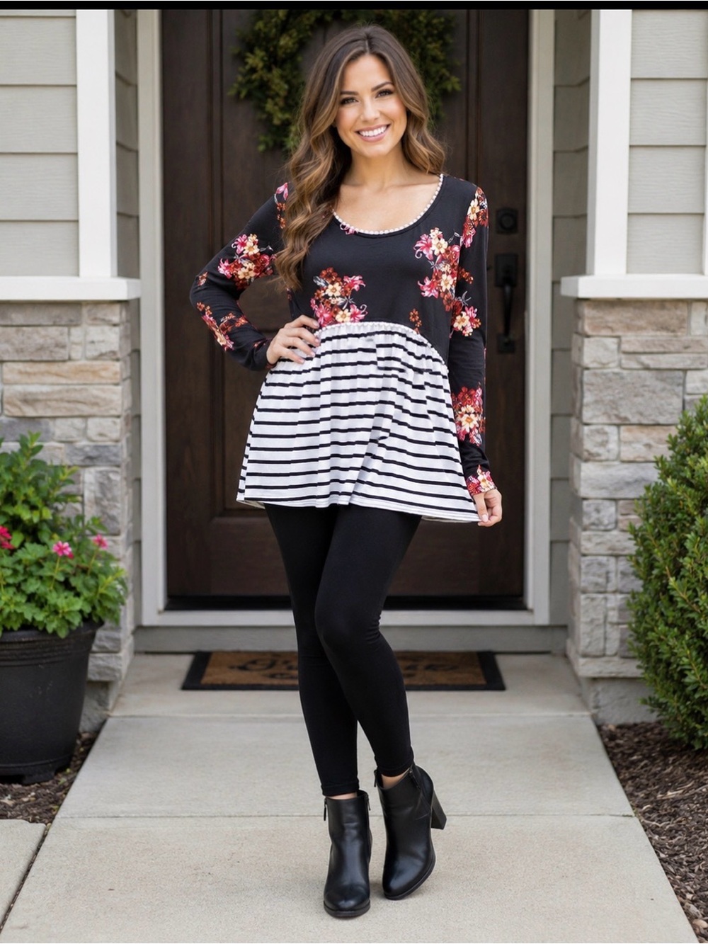 Boutique crochet trim long sleeve floral boho black/white stripe top